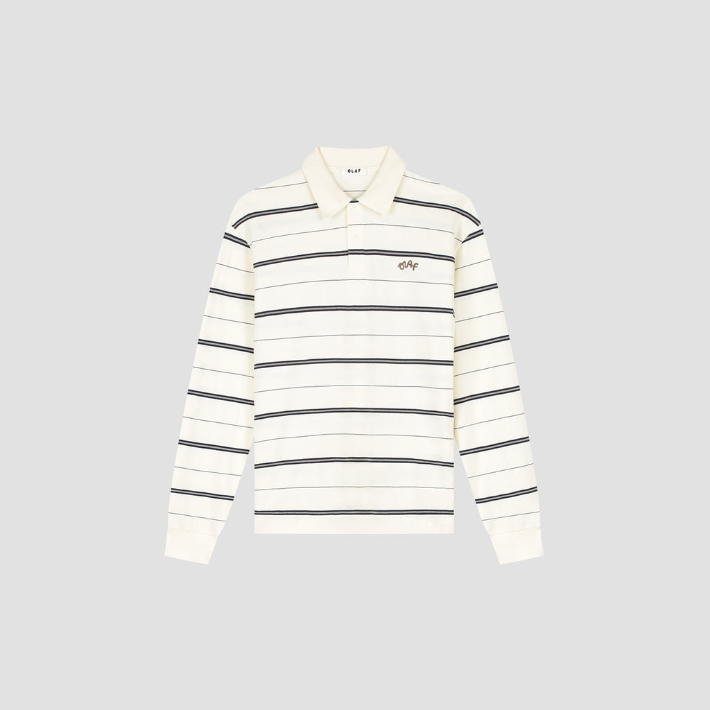 OLAF Striped Signature LS Polo – Off White / Navy Stripe